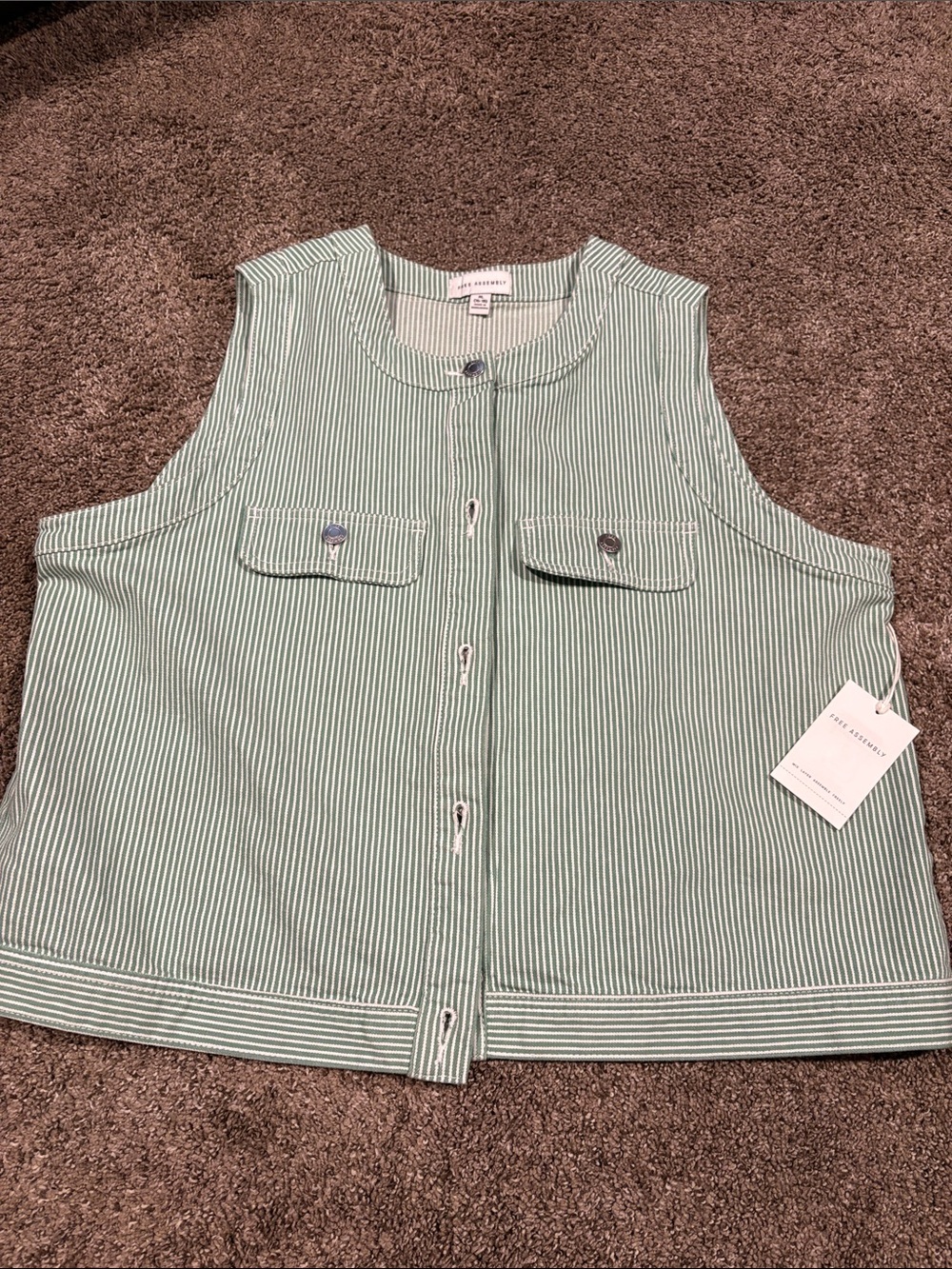 Ladies size XL, sleeveless denim, button-down vest,- Light Green and white